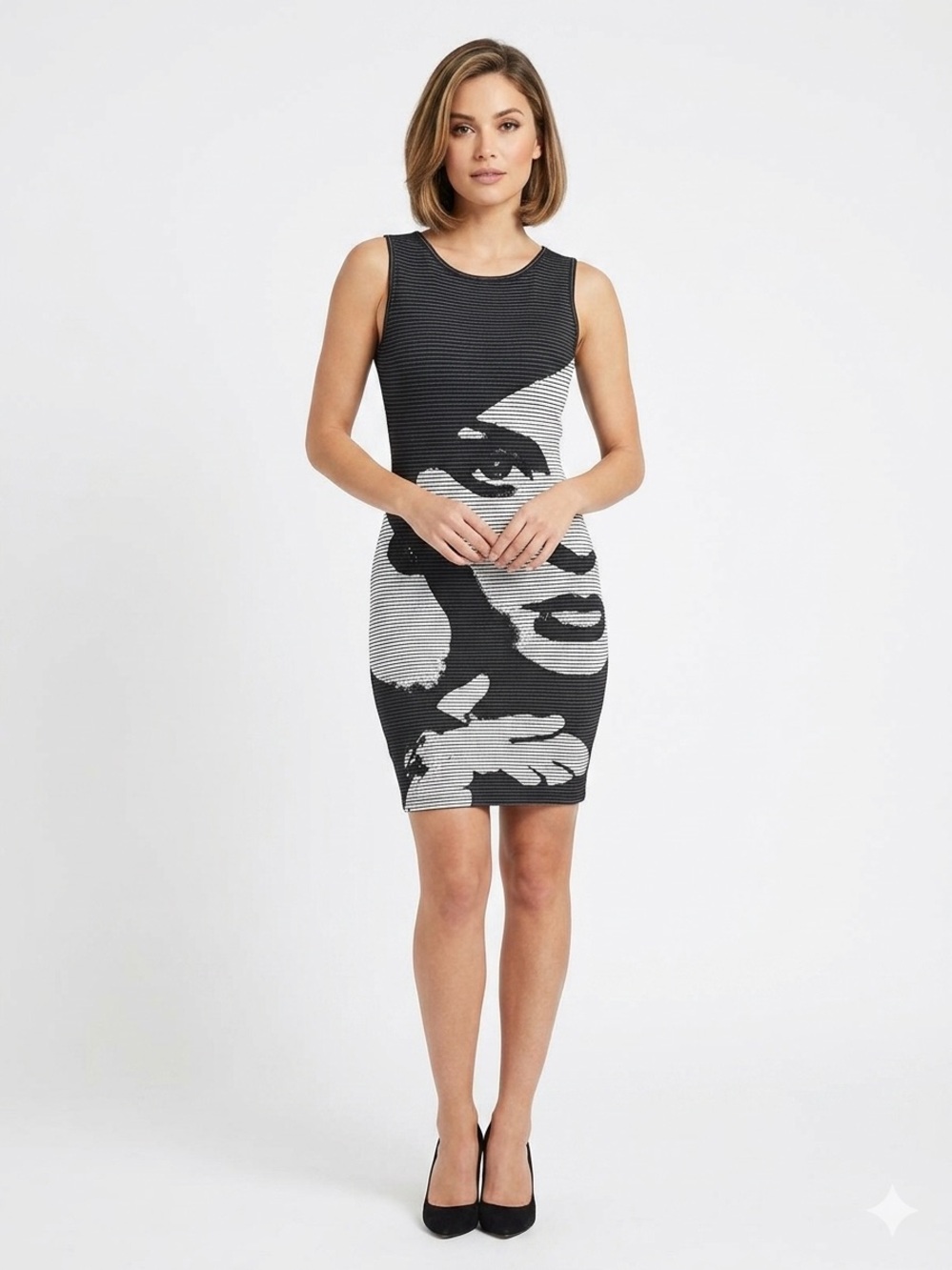 NWT UK2LA Boutique Low Back Bodycon Dress Pop Art Charcoal/Off black Small